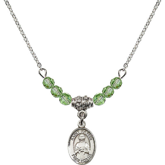 Sterling Silver Saint Kateri Tekakwitha Birthstone Necklace with Peridot Beads - 9061