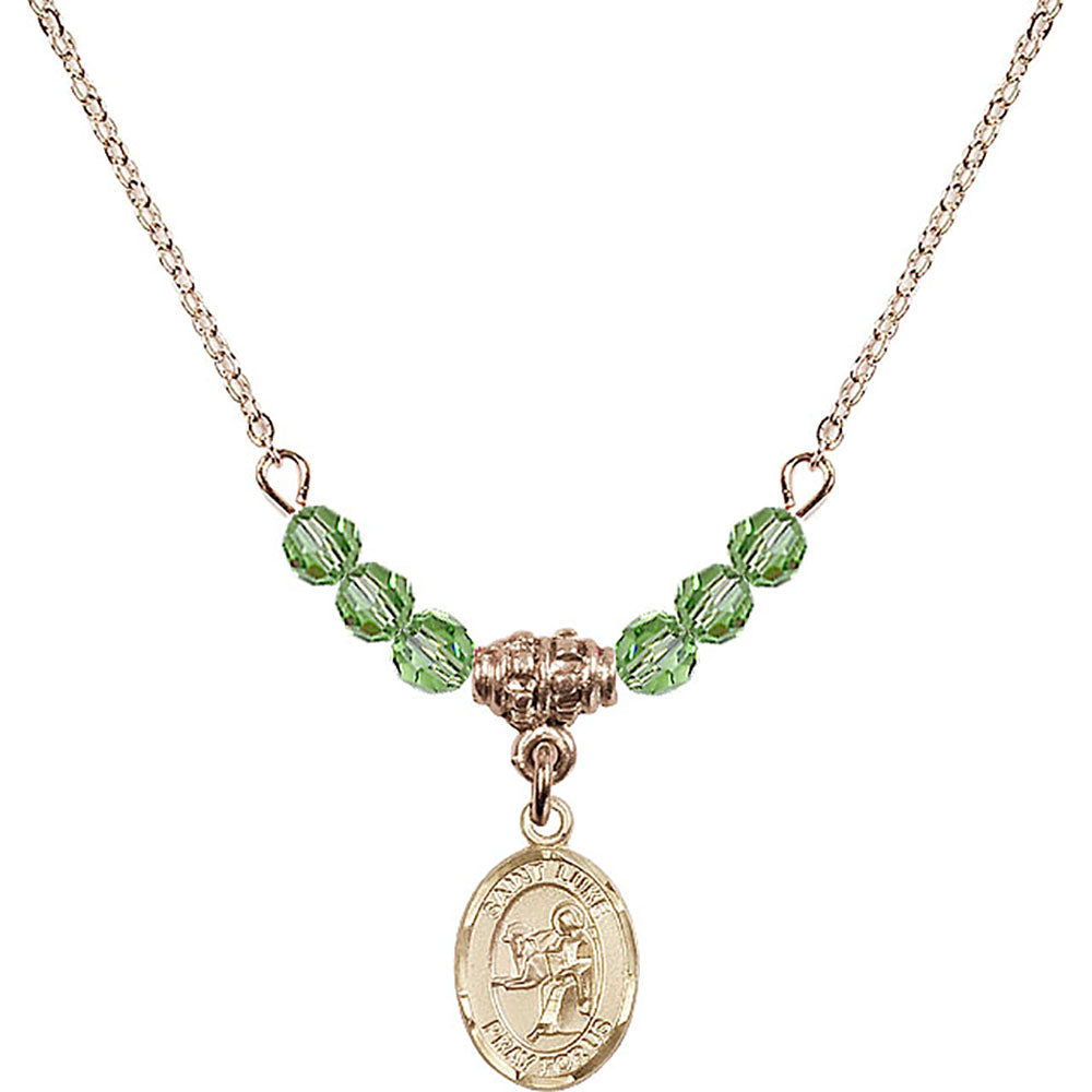 14kt Gold Filled Saint Luke the Apostle Birthstone Necklace with Peridot Beads - 9068