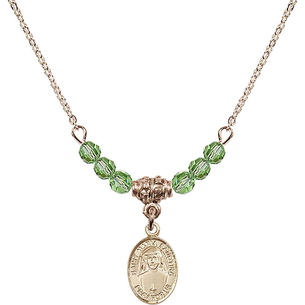 14kt Gold Filled Saint Maria Faustina Birthstone Necklace with Peridot Beads - 9069