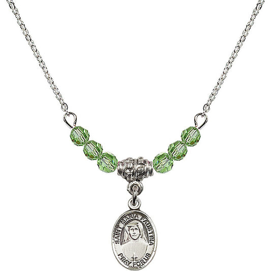 Sterling Silver Saint Maria Faustina Birthstone Necklace with Peridot Beads - 9069