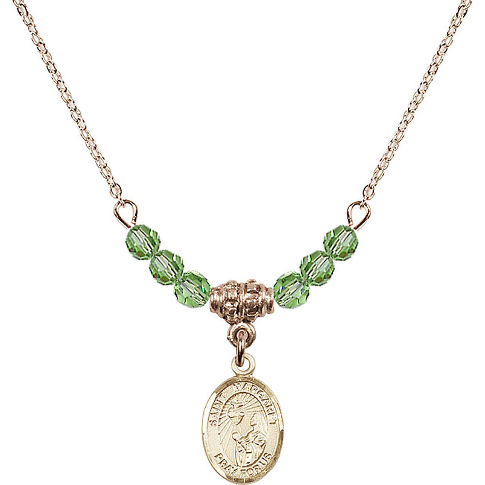 14kt Gold Filled Saint Margaret Mary Alacoque Birthstone Necklace with Peridot Beads - 9072