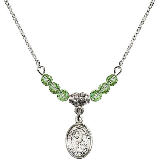 Sterling Silver Saint Margaret Mary Alacoque Birthstone Necklace with Peridot Beads - 9072