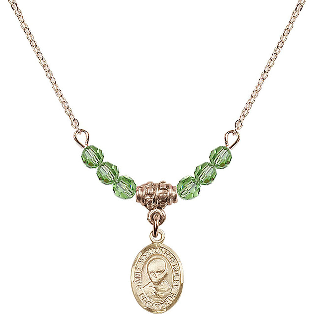 14kt Gold Filled Saint Maximilian Kolbe Birthstone Necklace with Peridot Beads - 9073