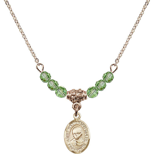 14kt Gold Filled Saint Maximilian Kolbe Birthstone Necklace with Peridot Beads - 9073