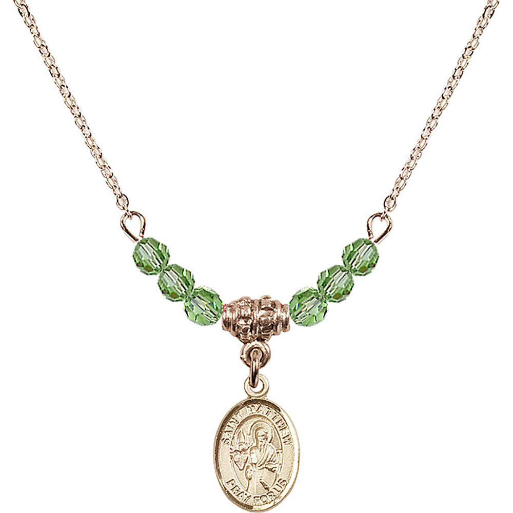 14kt Gold Filled Saint Matthew the Apostle Birthstone Necklace with Peridot Beads - 9074