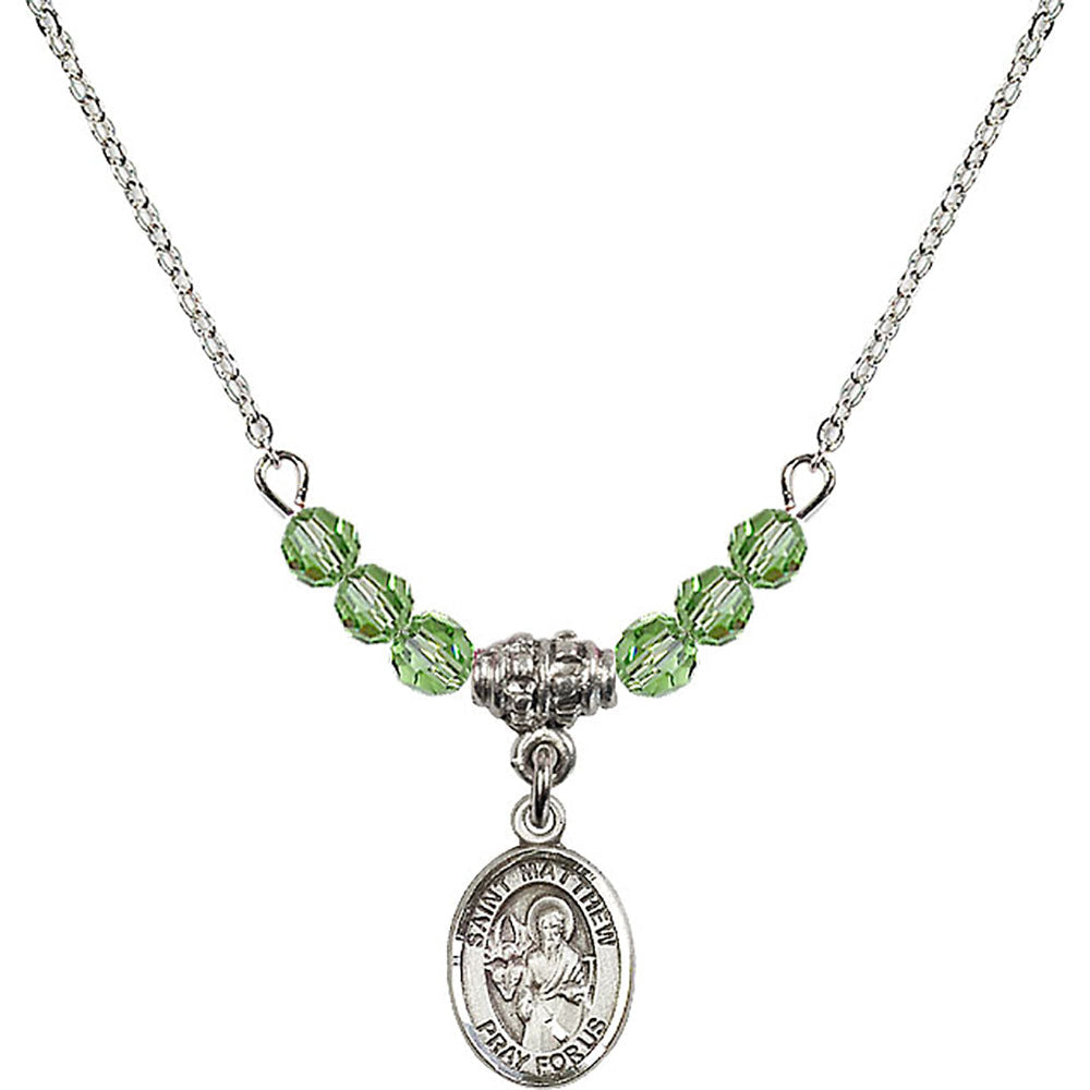 Sterling Silver Saint Matthew the Apostle Birthstone Necklace with Peridot Beads - 9074