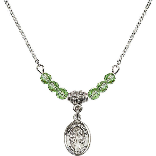 Sterling Silver Saint Matthew the Apostle Birthstone Necklace with Peridot Beads - 9074