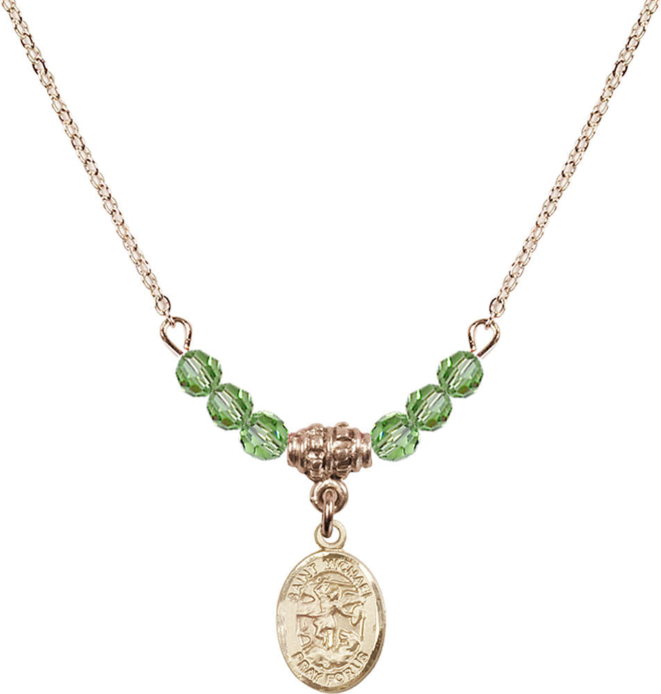 14kt Gold Filled Saint Michael the Archangel Birthstone Necklace with Peridot Beads - 9076