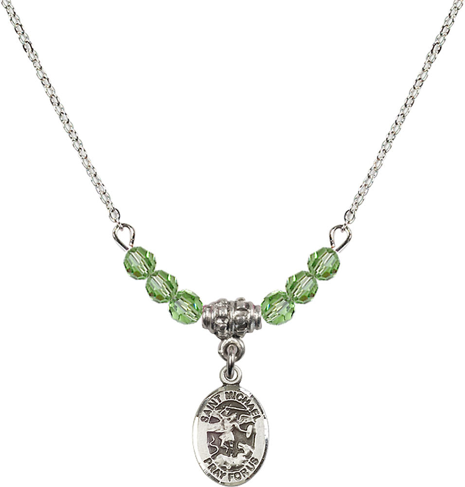 Sterling Silver Saint Michael the Archangel Birthstone Necklace with Peridot Beads - 9076