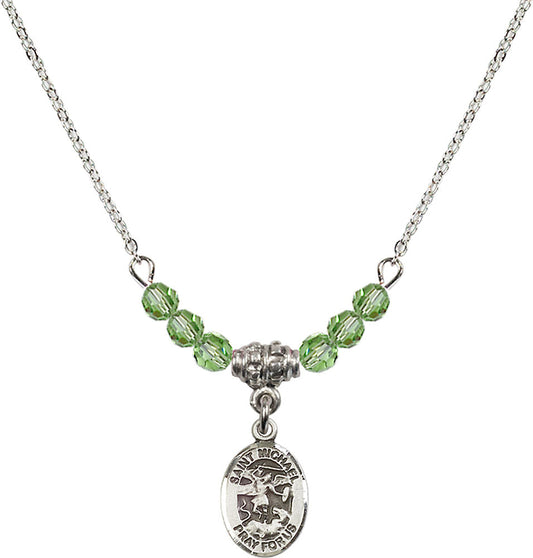 Sterling Silver Saint Michael the Archangel Birthstone Necklace with Peridot Beads - 9076