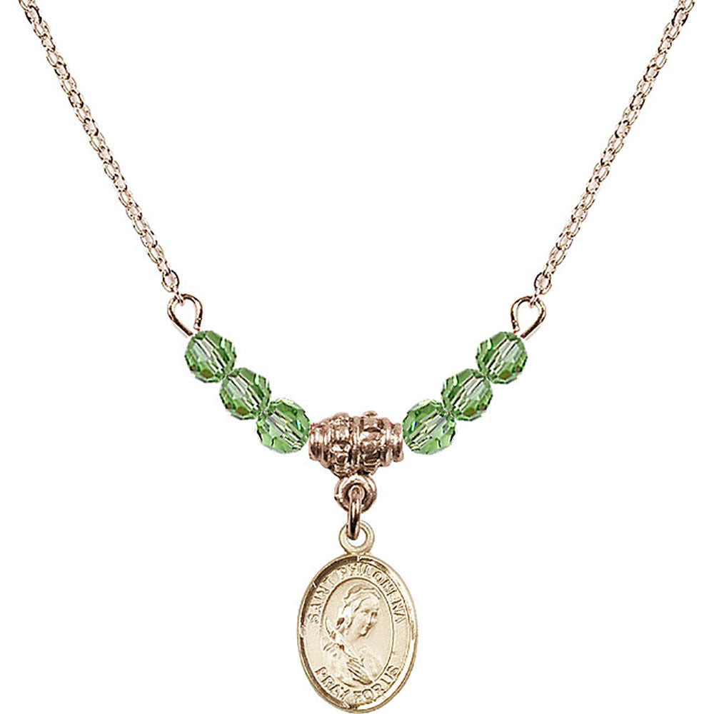 14kt Gold Filled Saint Philomena Birthstone Necklace with Peridot Beads - 9077