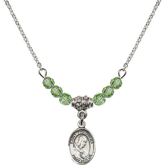 Sterling Silver Saint Philomena Birthstone Necklace with Peridot Beads - 9077