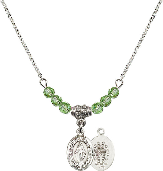 Sterling Silver Miraculous Birthstone Necklace with Peridot Beads - 9078
