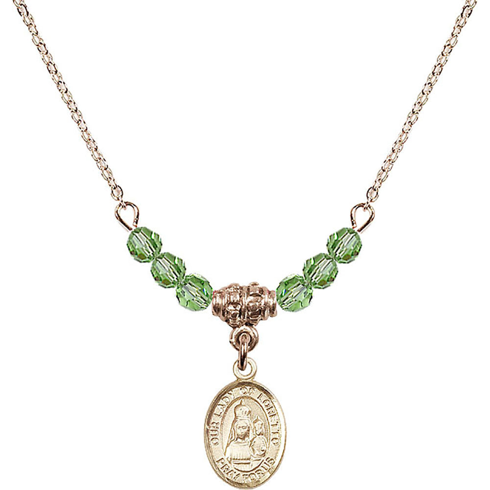 14kt Gold Filled Our Lady of Loretto Birthstone Necklace with Peridot Beads - 9082