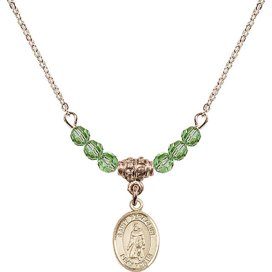14kt Gold Filled Saint Peregrine Laziosi Birthstone Necklace with Peridot Beads - 9088
