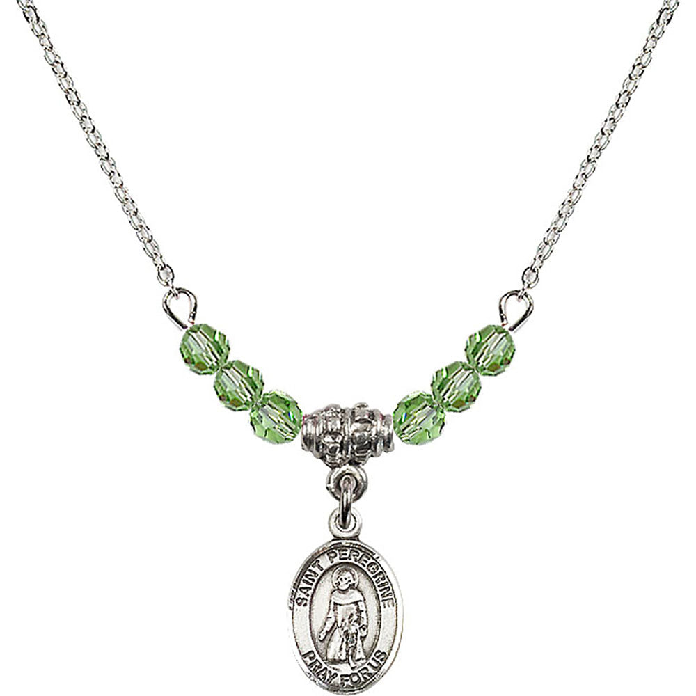 Sterling Silver Saint Peregrine Laziosi Birthstone Necklace with Peridot Beads - 9088