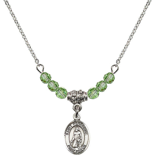 Sterling Silver Saint Peregrine Laziosi Birthstone Necklace with Peridot Beads - 9088