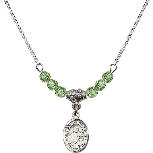 Sterling Silver Saint Martin de Porres Birthstone Necklace with Peridot Beads - 9089