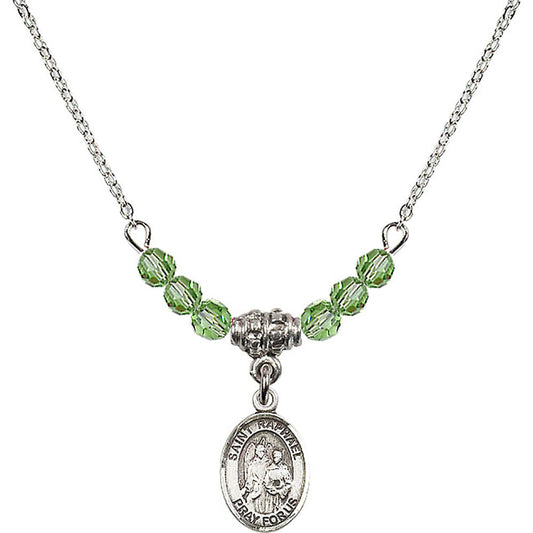 Sterling Silver Saint Raphael the Archangel Birthstone Necklace with Peridot Beads - 9092