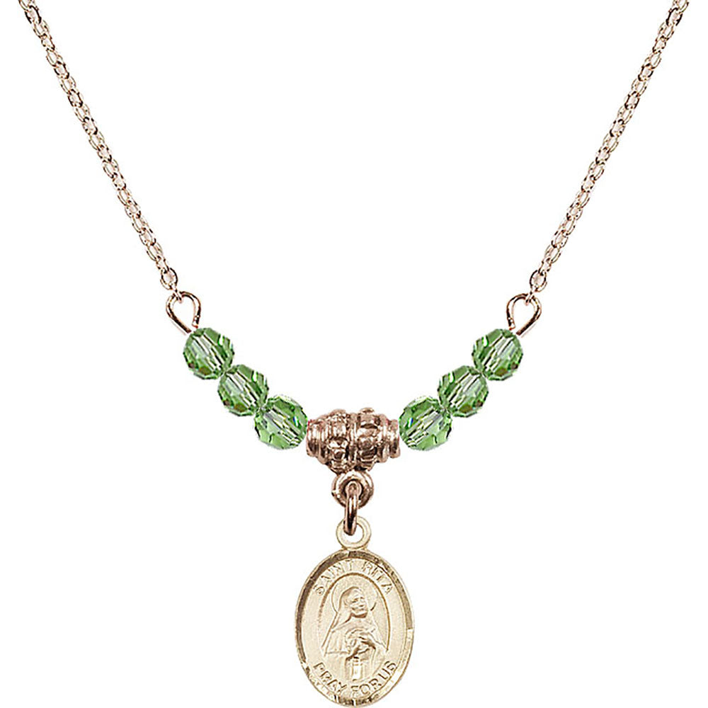 14kt Gold Filled Saint Rita of Cascia Birthstone Necklace with Peridot Beads - 9094