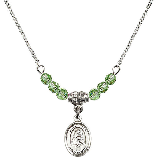 Sterling Silver Saint Rita of Cascia Birthstone Necklace with Peridot Beads - 9094
