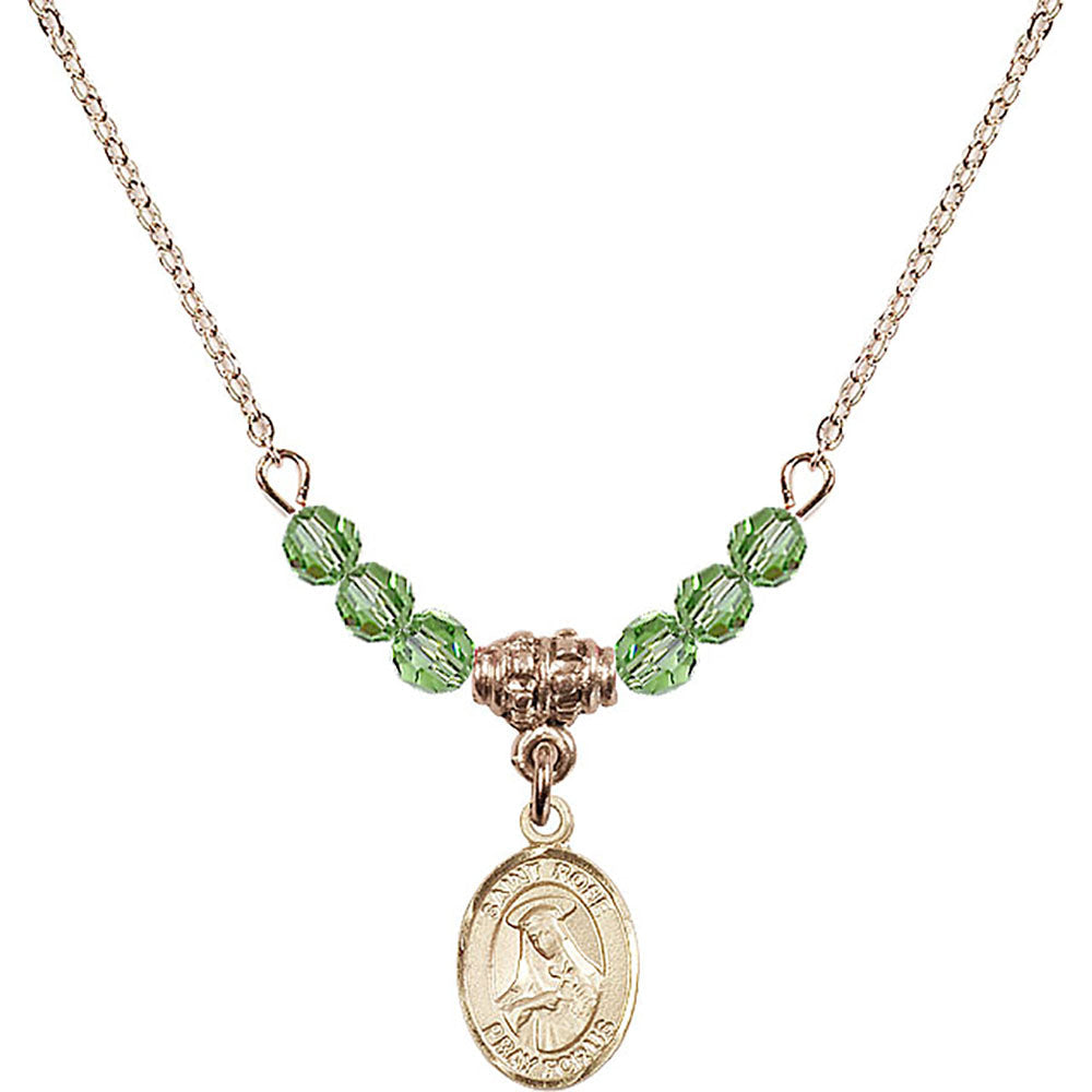 14kt Gold Filled Saint Rose of Lima Birthstone Necklace with Peridot Beads - 9095