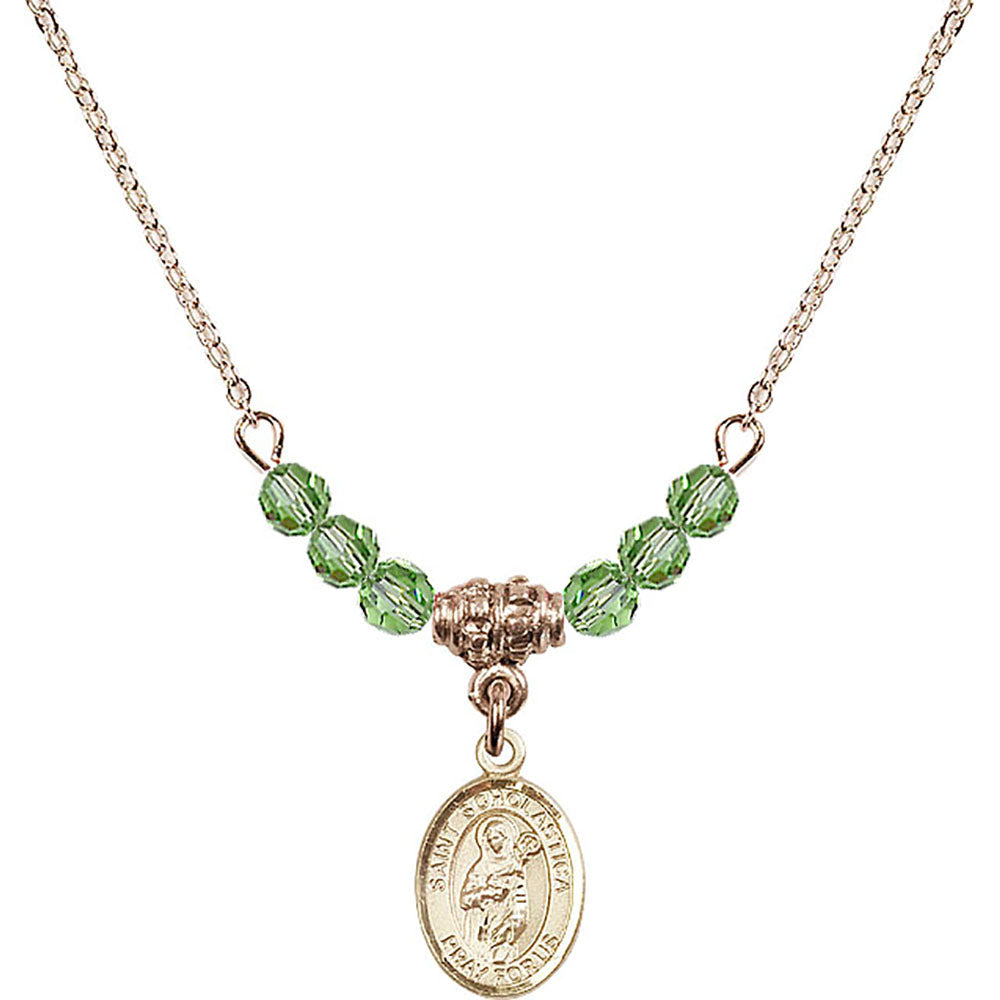 14kt Gold Filled Saint Scholastica Birthstone Necklace with Peridot Beads - 9099