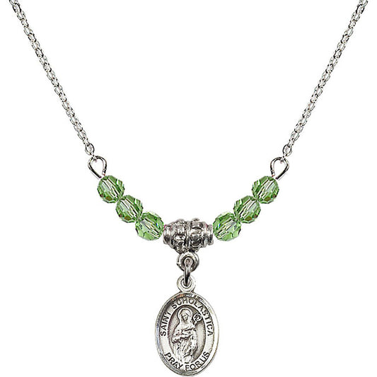 Sterling Silver Saint Scholastica Birthstone Necklace with Peridot Beads - 9099