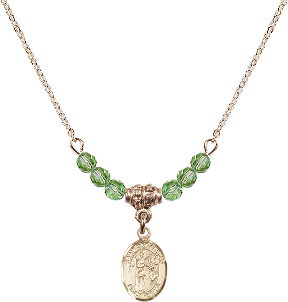 14kt Gold Filled Saint Sebastian Birthstone Necklace with Peridot Beads - 9100