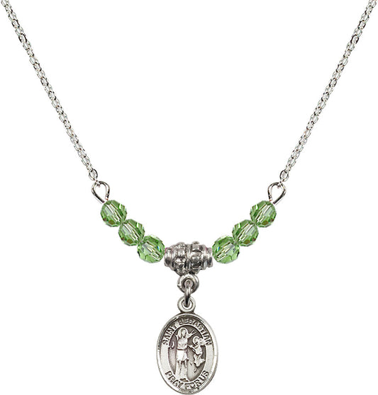 Sterling Silver Saint Sebastian Birthstone Necklace with Peridot Beads - 9100