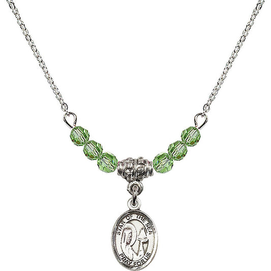 Sterling Silver Our Lady Star of the Sea Birthstone Necklace with Peridot Beads - 9101