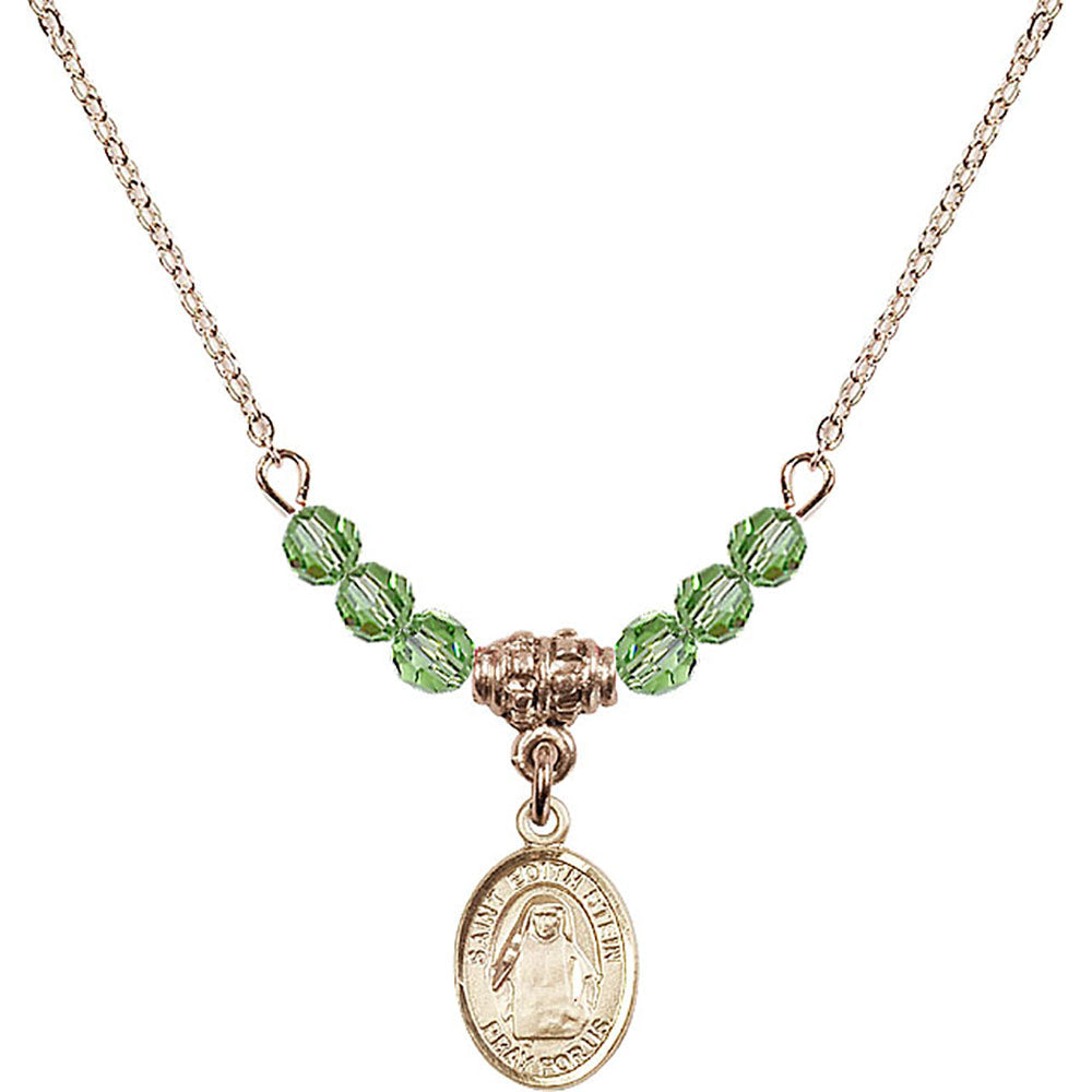 14kt Gold Filled Saint Edith Stein Birthstone Necklace with Peridot Beads - 9103