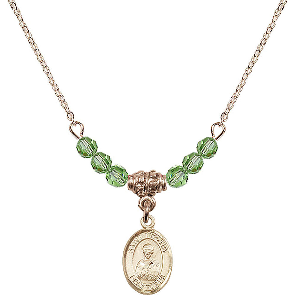14kt Gold Filled Saint Timothy Birthstone Necklace with Peridot Beads - 9105