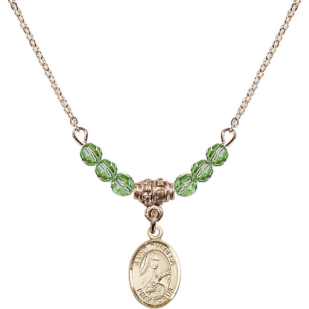 14kt Gold Filled Saint Theresa Birthstone Necklace with Peridot Beads - 9106