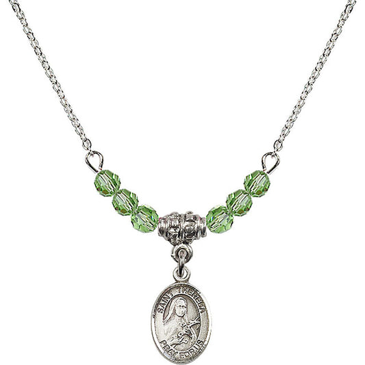 Sterling Silver Saint Theresa Birthstone Necklace with Peridot Beads - 9106