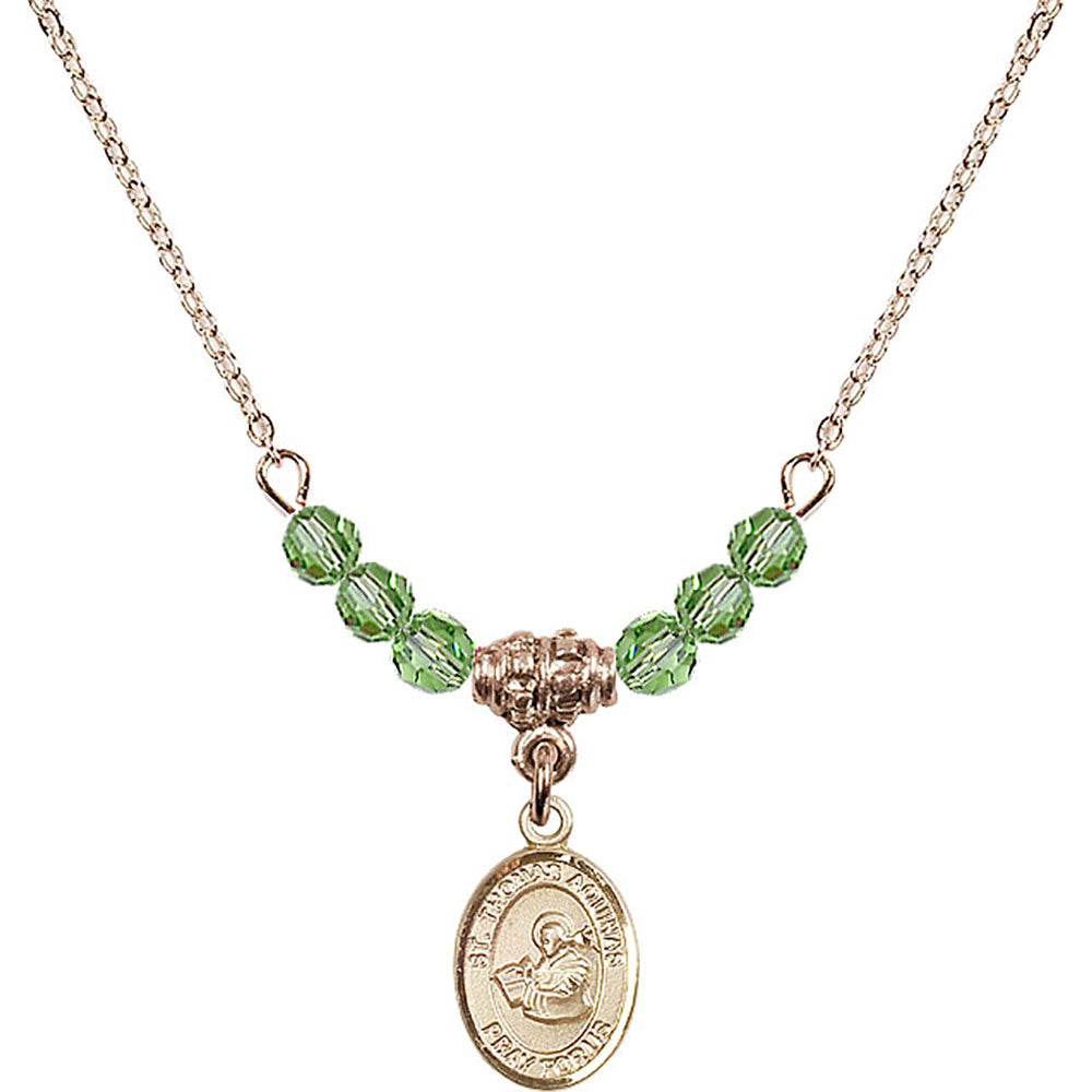 14kt Gold Filled Saint Thomas Aquinas Birthstone Necklace with Peridot Beads - 9108