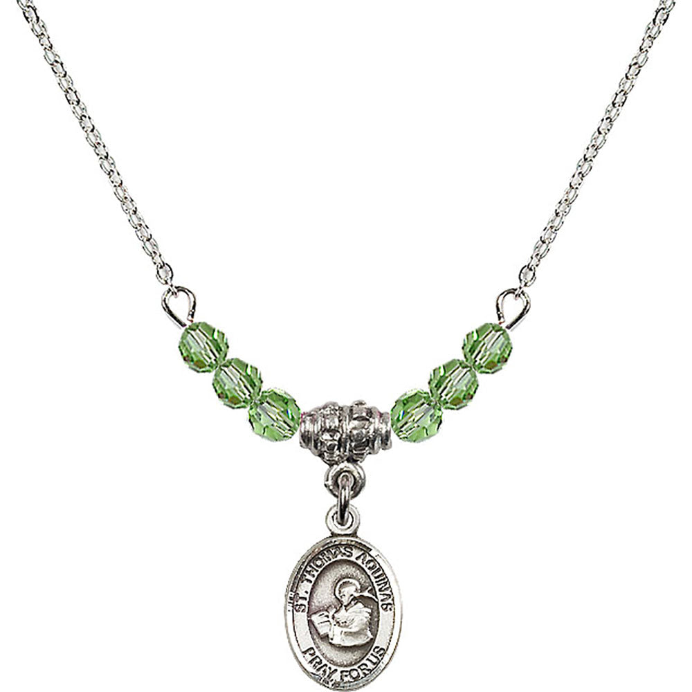 Sterling Silver Saint Thomas Aquinas Birthstone Necklace with Peridot Beads - 9108