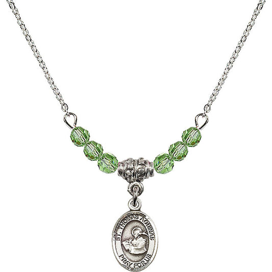 Sterling Silver Saint Thomas Aquinas Birthstone Necklace with Peridot Beads - 9108
