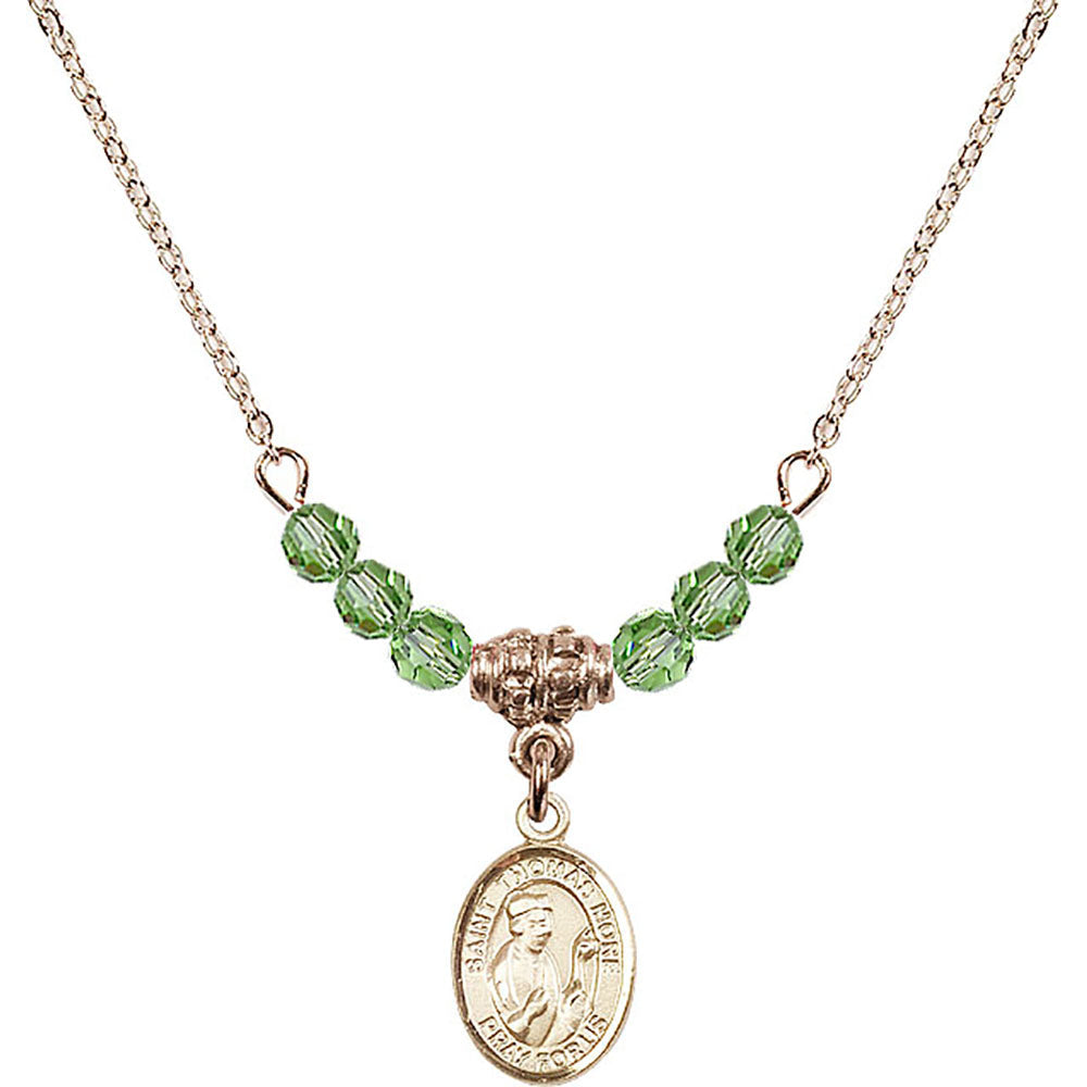 14kt Gold Filled Saint Thomas More Birthstone Necklace with Peridot Beads - 9109
