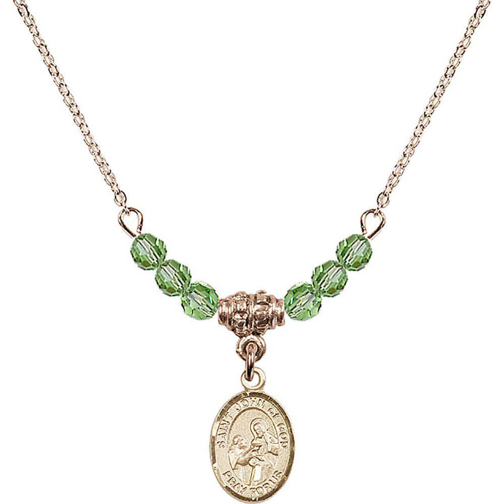 14kt Gold Filled Saint John of God Birthstone Necklace with Peridot Beads - 9112
