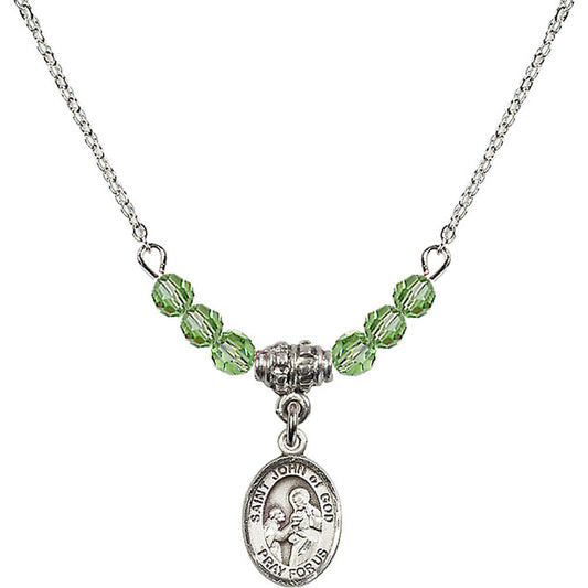 Sterling Silver Saint John of God Birthstone Necklace with Peridot Beads - 9112