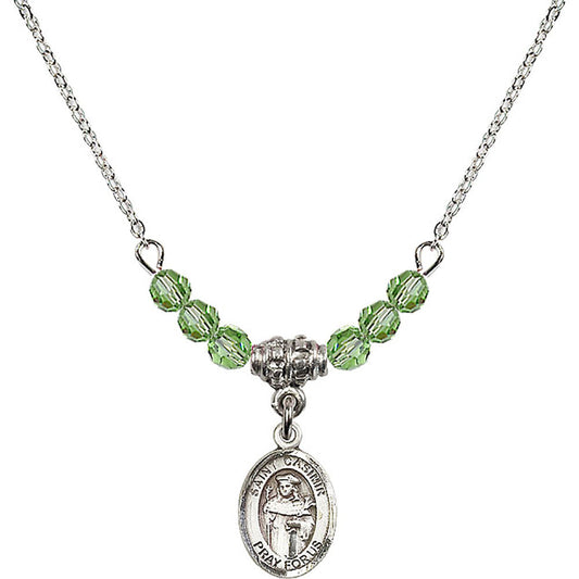 Sterling Silver Saint Casimir of Poland Birthstone Necklace with Peridot Beads - 9113