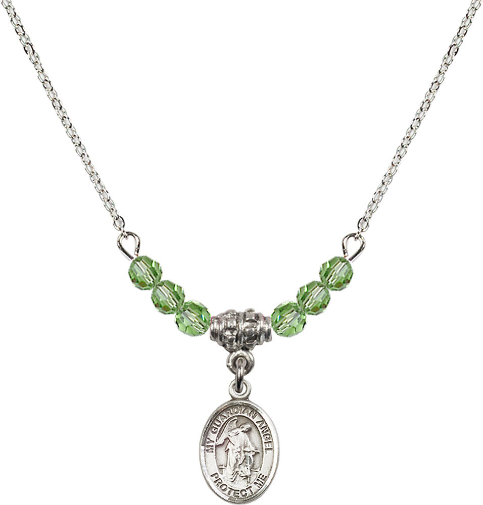 Sterling Silver Guardian Angel w/Child Birthstone Necklace with Peridot Beads - 9118