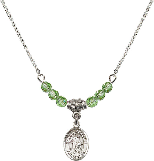 Sterling Silver Guardian Angel w/Child Birthstone Necklace with Peridot Beads - 9118