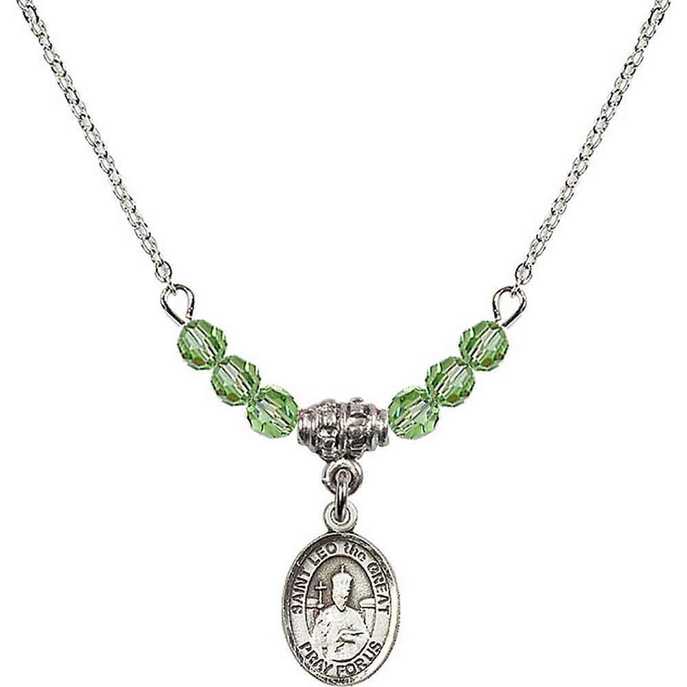 Sterling Silver Saint Leo the Great Birthstone Necklace with Peridot Beads - 9120