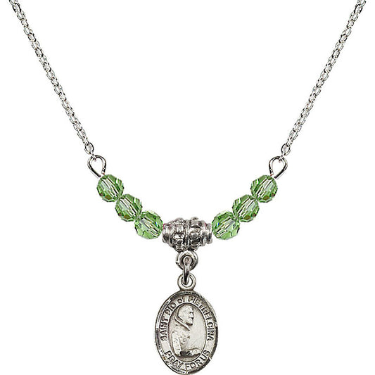 Sterling Silver Saint Pio of Pietrelcina Birthstone Necklace with Peridot Beads - 9125