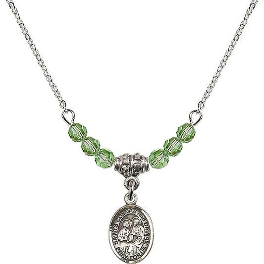Sterling Silver Saints Cosmas & Damian Birthstone Necklace with Peridot Beads - 9132