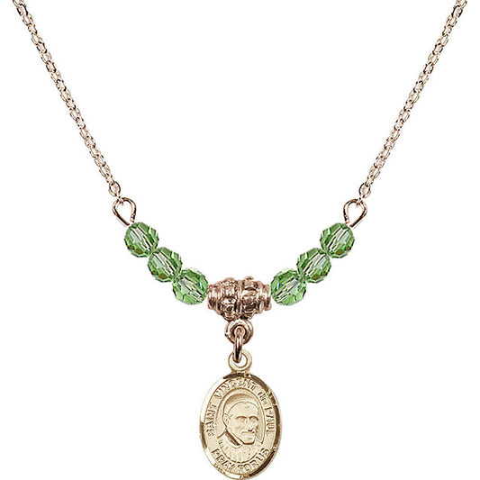 14kt Gold Filled Saint Vincent De Paul Birthstone Necklace with Peridot Beads - 9134