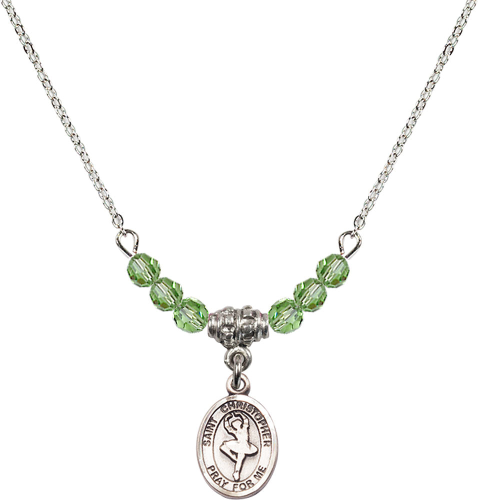 Sterling Silver Saint Christopher/Dance Birthstone Necklace with Peridot Beads - 9143