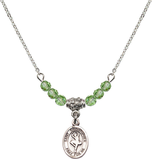 Sterling Silver Saint Christopher/Dance Birthstone Necklace with Peridot Beads - 9143